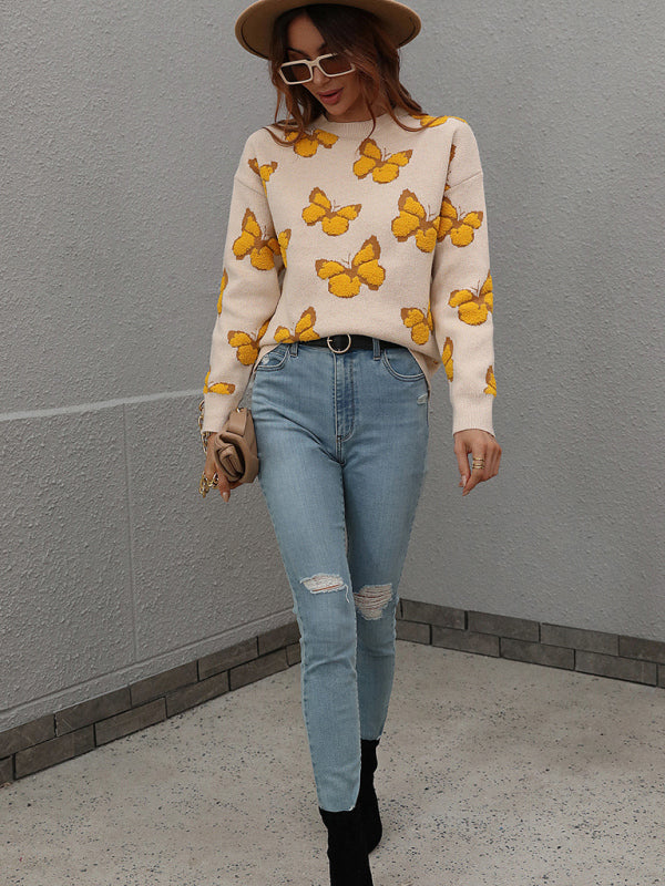 Women's Loose Round Neck Long Sleeve Butterfly Sweater