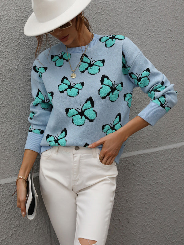 Women's Loose Round Neck Long Sleeve Butterfly Sweater