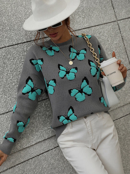 Women's Loose Round Neck Long Sleeve Butterfly Sweater