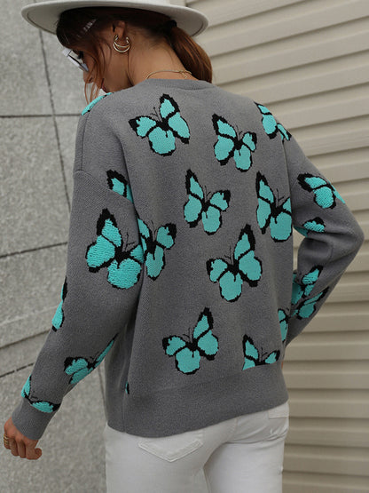 Women's Loose Round Neck Long Sleeve Butterfly Sweater