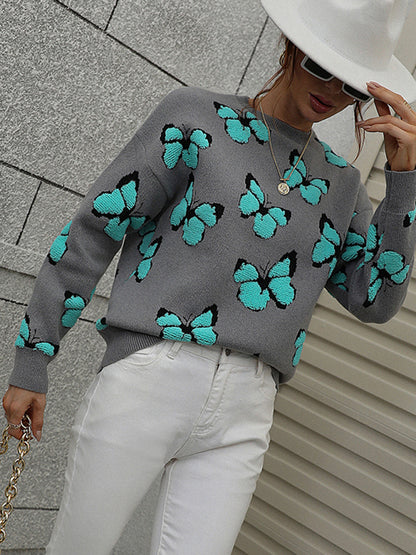 Women's Loose Round Neck Long Sleeve Butterfly Sweater