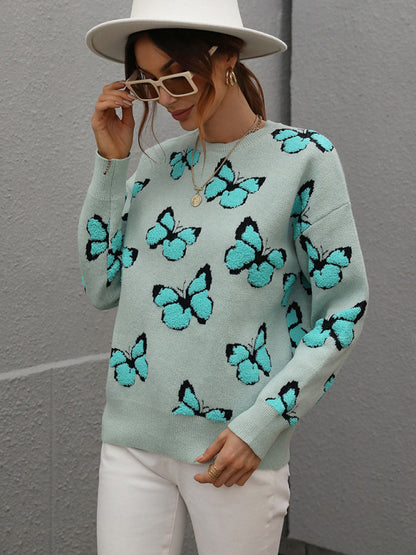 Women's Loose Round Neck Long Sleeve Butterfly Sweater