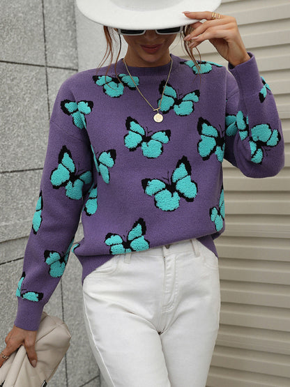 Women's Loose Round Neck Long Sleeve Butterfly Sweater