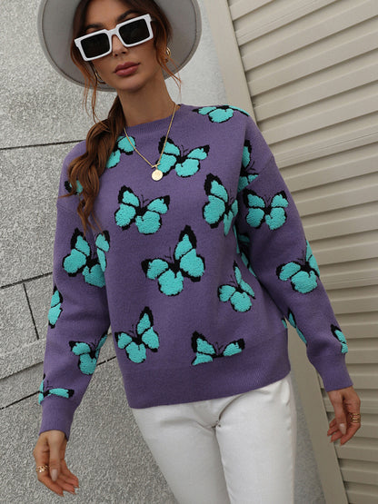 Women's Loose Round Neck Long Sleeve Butterfly Sweater