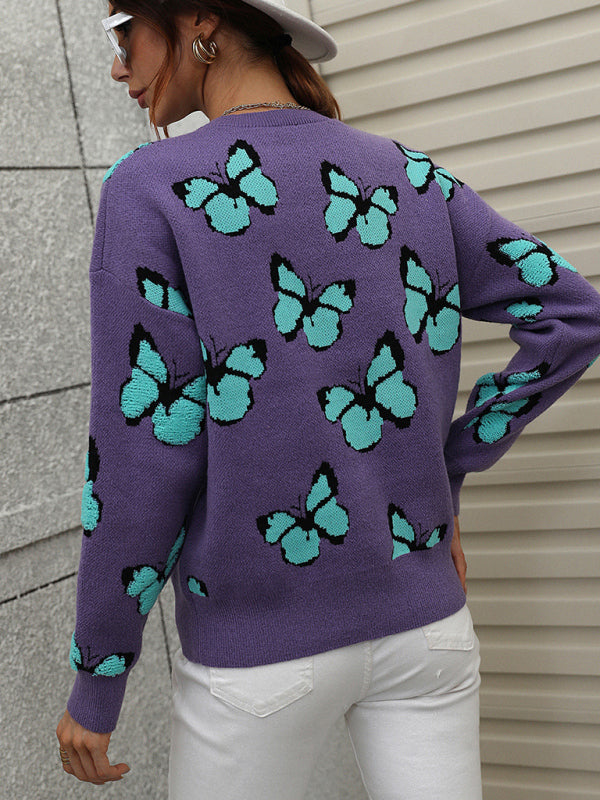 Women's Loose Round Neck Long Sleeve Butterfly Sweater