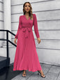 V-neck long-sleeved pleated A-line midi dress