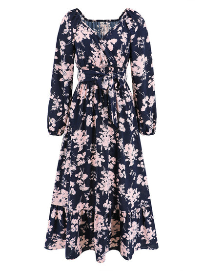 Floral skirt slim fit lantern sleeve strappy cake dress