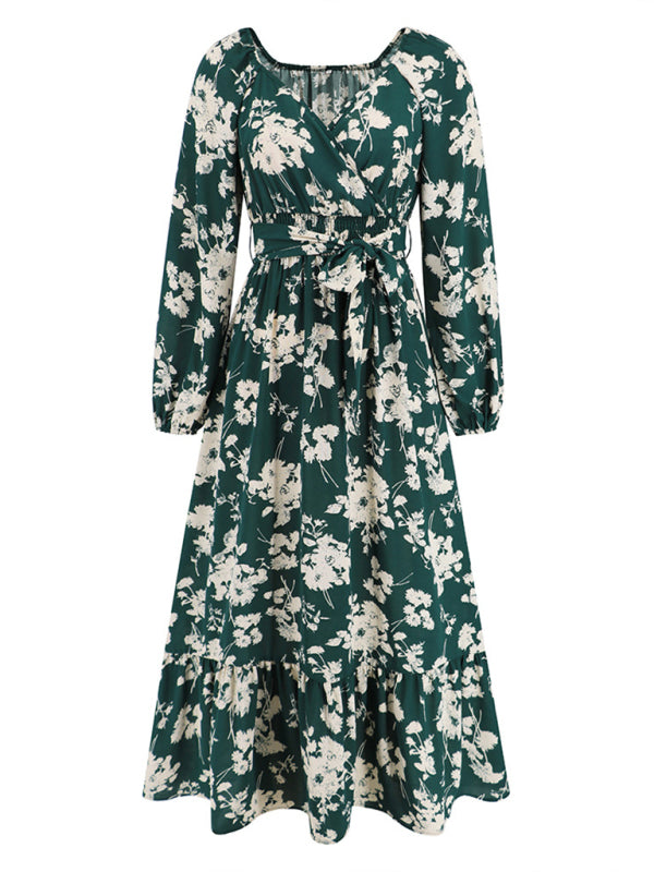 Floral skirt slim fit lantern sleeve strappy cake dress