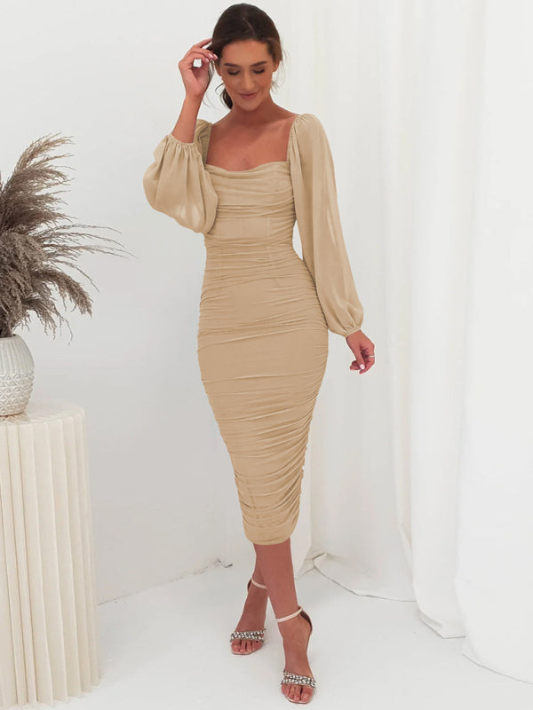 Square neck pleated lantern sleeve slit light dress