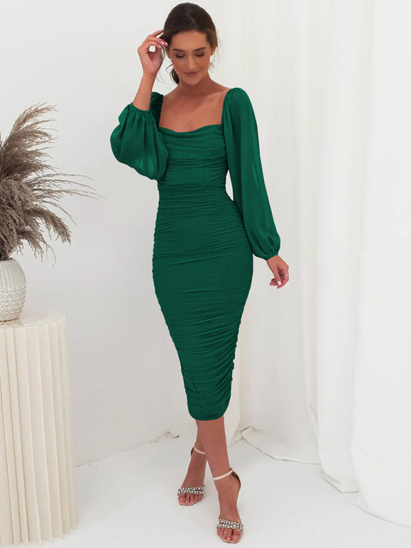 Square neck pleated lantern sleeve slit light dress