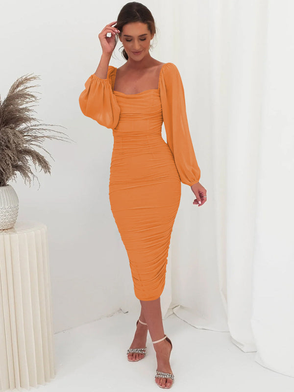 Square neck pleated lantern sleeve slit light dress