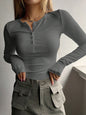 Feminine U-neck buttoned long-sleeved knitted top