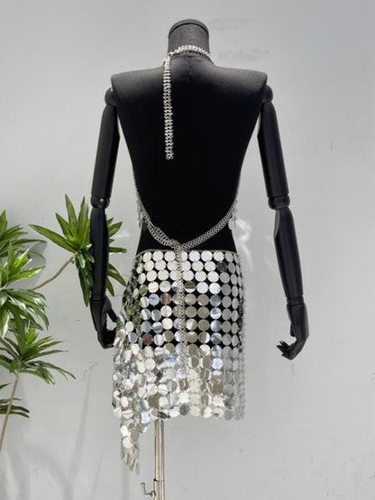 Women's new sexy hottie sequin dress halter neck backless heavy hand-knitted disc sequin skirt
