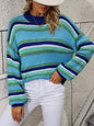 Women's loose mid-color round neck striped sweater