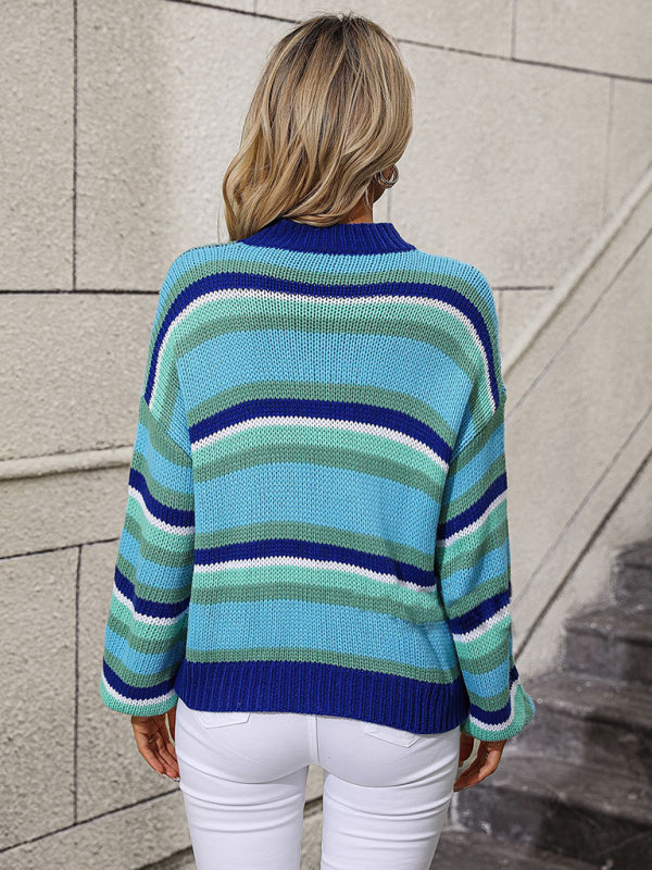 Women's loose mid-color round neck striped sweater