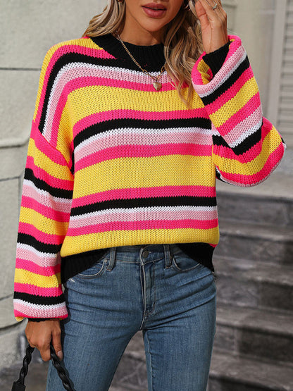 Women's loose mid-color round neck striped sweater