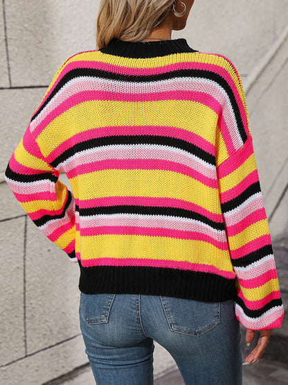 Women's loose mid-color round neck striped sweater