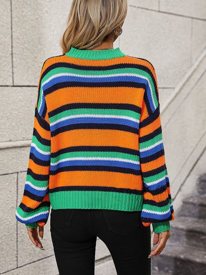 Women's loose mid-color round neck striped sweater