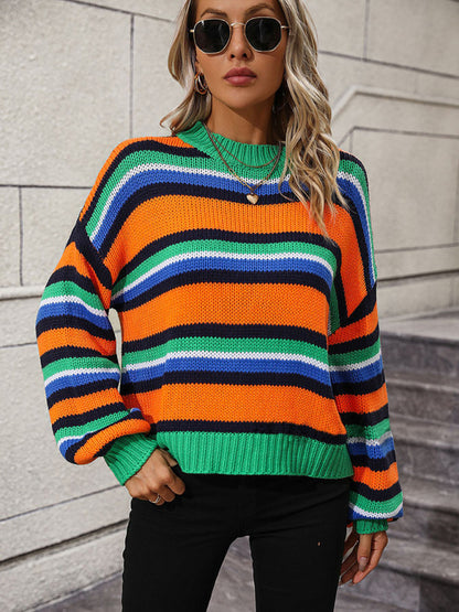 Women's loose mid-color round neck striped sweater