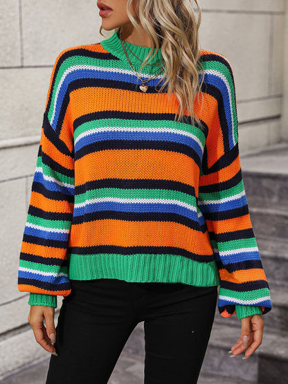 Women's loose mid-color round neck striped sweater
