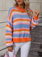 Women's loose mid-color round neck striped sweater