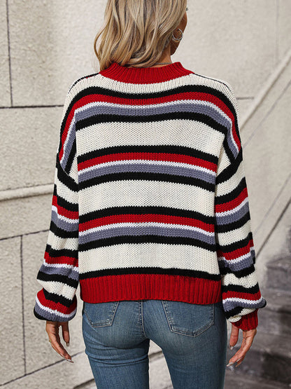 Women's loose mid-color round neck striped sweater