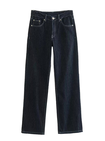 Women's High Waist Striped Casual Jeans