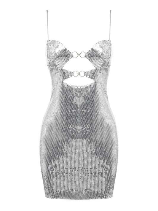 New fashion women's buckle silver sequin suspender skirt dress