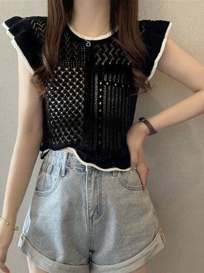 New style hollow patchwork small flying sleeve sweater