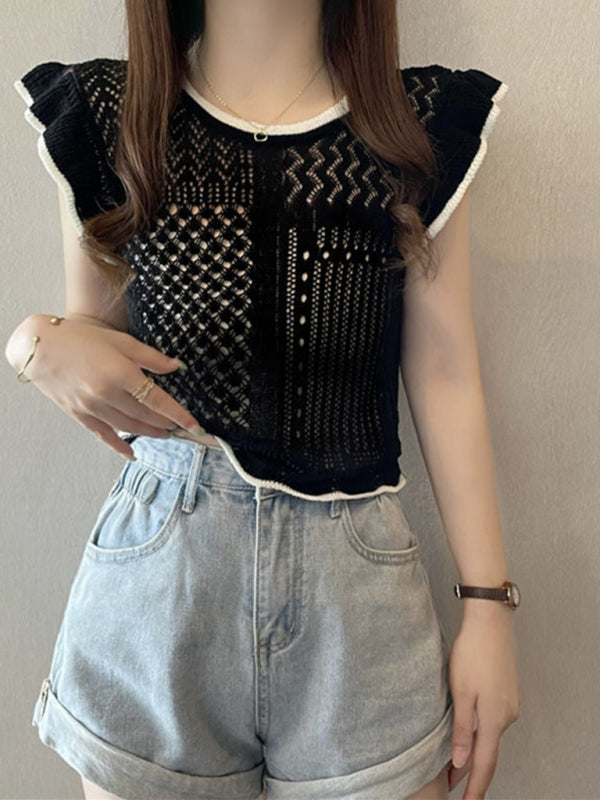 New style hollow patchwork small flying sleeve sweater