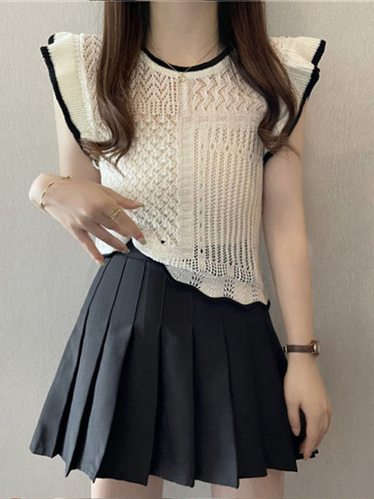 New style hollow patchwork small flying sleeve sweater