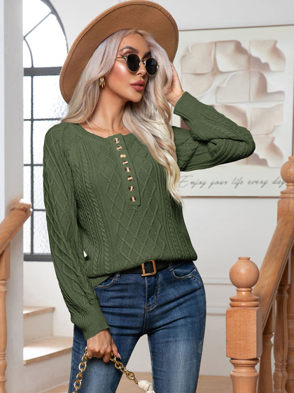 Women's Casual Button Twist Long Sleeve Pullover Sweater