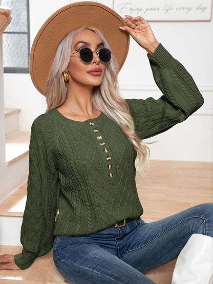 Women's Casual Button Twist Long Sleeve Pullover Sweater