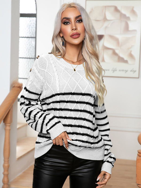 Women's Casual Button Striped Long Sleeve Pullover Sweater