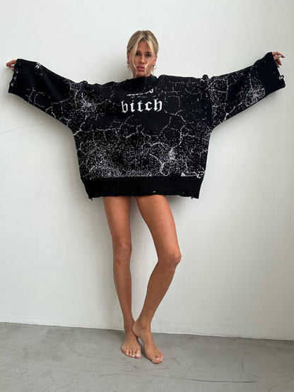 Women's loose letter embroidered holed long sleeve sweater