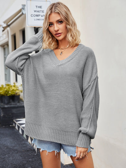 Women's V-neck loose pullover sweater