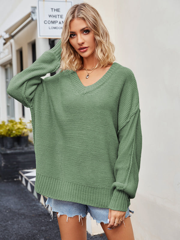 Women's V-neck loose pullover sweater