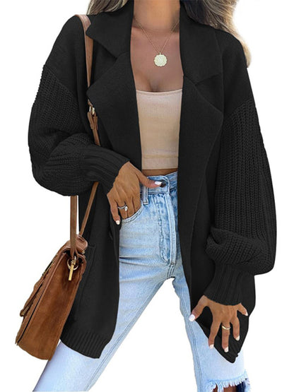 Women's suit collar long sleeve knitted jacket cardigan