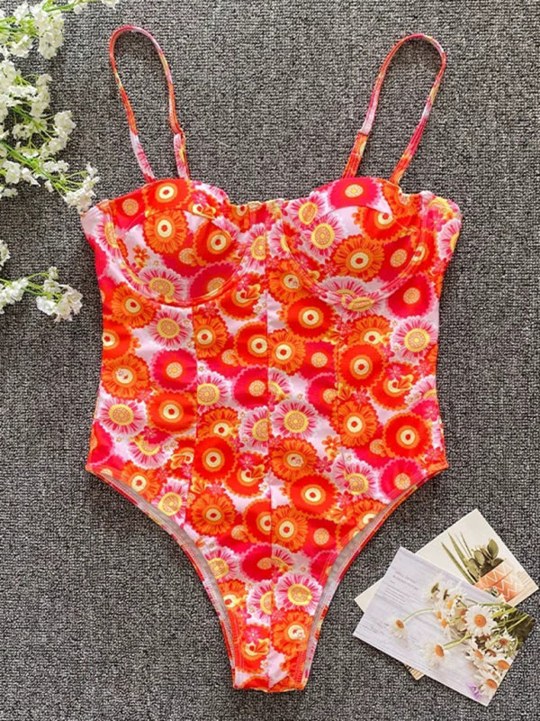 New flower one-piece low-cut high-cross swimsuit