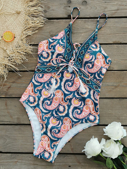 New deep V strappy one-piece swimsuit cashew flower print triangle one-piece swimsuit