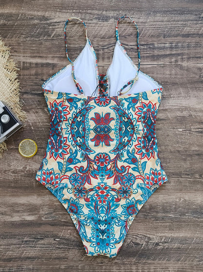 New deep V strappy one-piece swimsuit cashew flower print triangle one-piece swimsuit