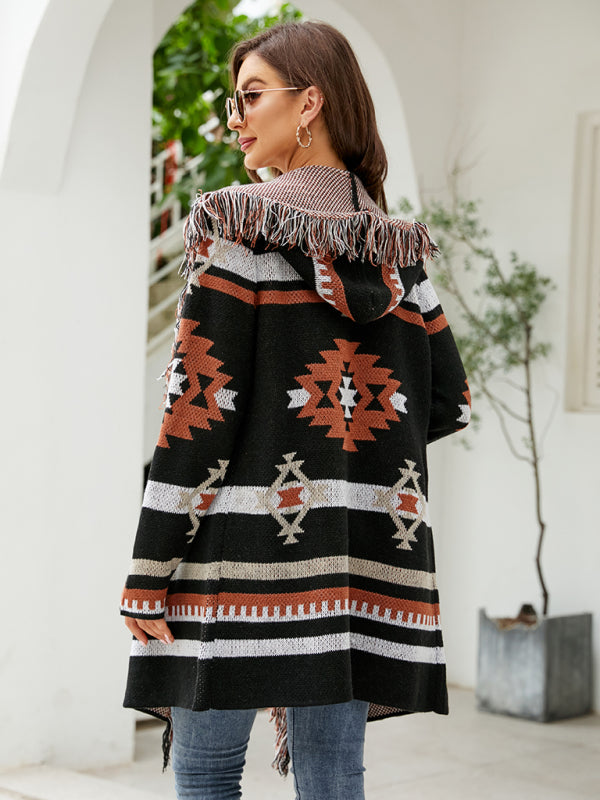 Women's fringed geometric jacquard sweater cardigan