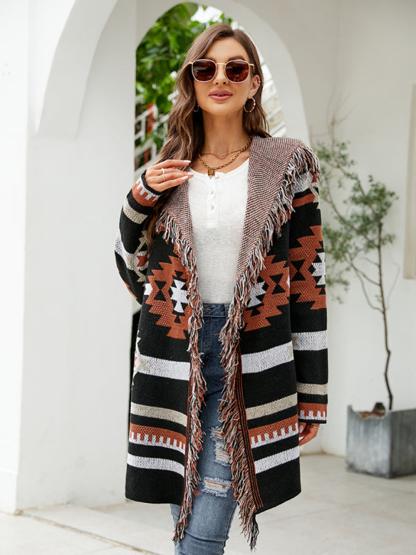 Women's fringed geometric jacquard sweater cardigan