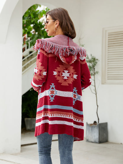 Women's fringed geometric jacquard sweater cardigan