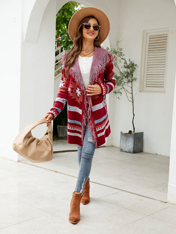 Women's fringed geometric jacquard sweater cardigan