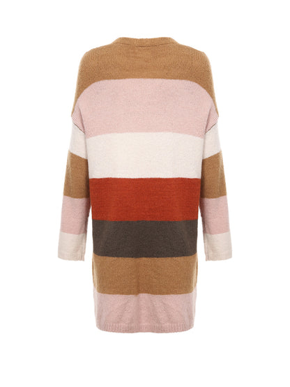 Women's Contrast Color Striped Long Knitted Cardigan
