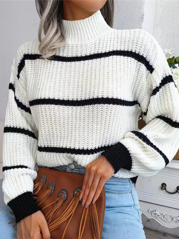 Women's Casual Striped Balloon Sleeve Turtleneck Sweater