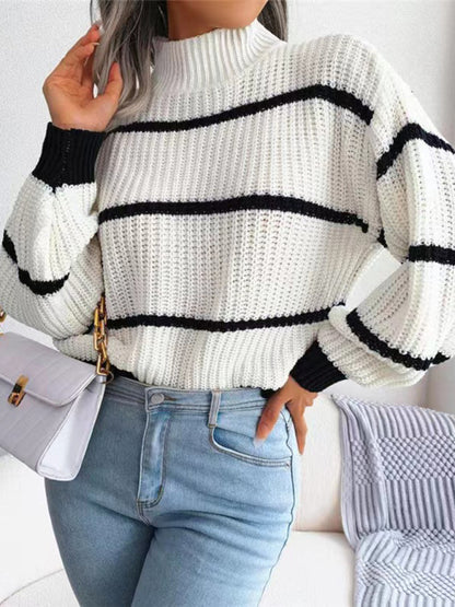 Women's Casual Striped Balloon Sleeve Turtleneck Sweater