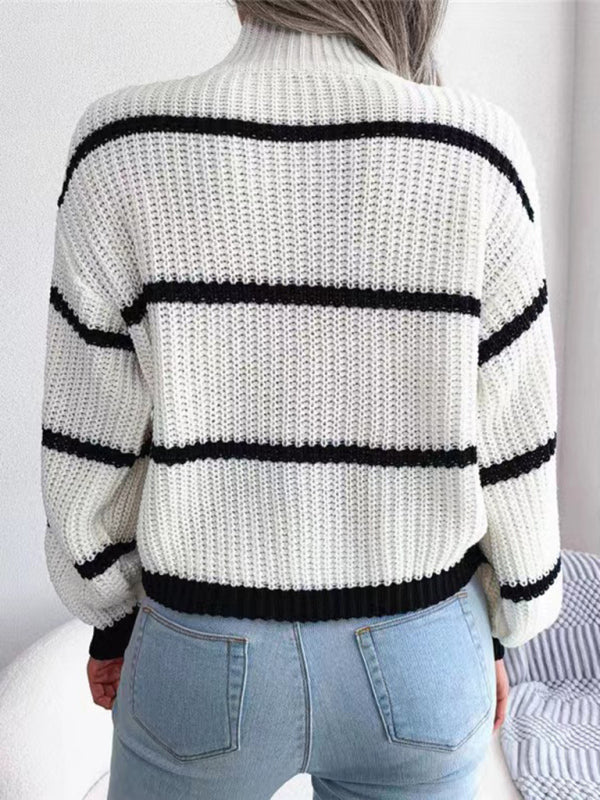 Women's Casual Striped Balloon Sleeve Turtleneck Sweater