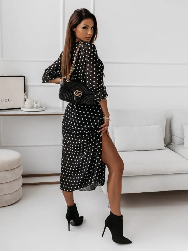 V-neck slim fit side slit chiffon print dress